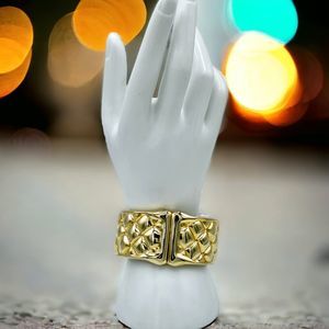 Chunky Cuff Bracelet Vintage Quilted Tuft Gold Tone Modernist Statement Jewelry